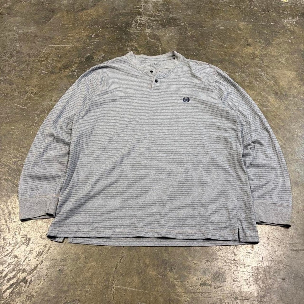 Chaps Mens Large Grey Striped Long Sleeve Henley Shirt Y2K Vintage 100% Cotton